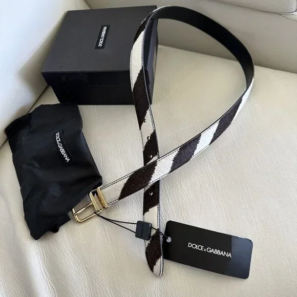 NEW Dolce & Gabbana Brown White Zebra Pony Hair Gold Buckle Women's Belt 90 Cm - Picture 8 of 10
